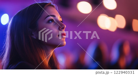 Young woman attending a business conference in a modern hall 122940331