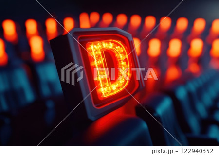 A red letter D is lit up in a dark room 122940352