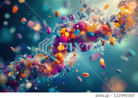 A colorful explosion of multicolored pills and candy 122940385