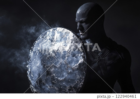 A man is holding a shield and standing in front of a cloudy sky 122940461