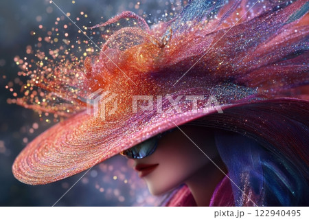A woman wearing a hat with glitter on it 122940495