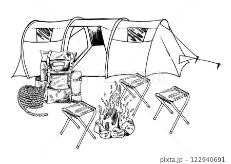 hand drawing sketch camping tent and bonfire backpack, rope. Hiking vector illustration. pleasure time in wild nature . Composition of holiday . hand drawing sketch camping tent and bonfire backpack, rope. Hiking vector illustration. pleasure time in wild nature . Composition of holiday . 122940691