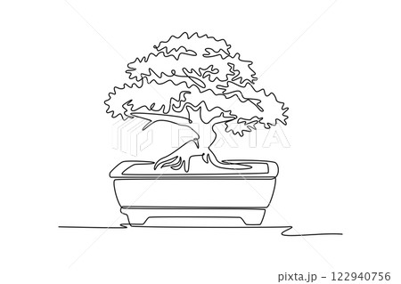 Single one line drawing of beauty and fresh Chinese bonsai tree. Decorative old potted tiny banyan tree concept for home art wall decor poster. Continuous line draw design graphic vector illustration 122940756