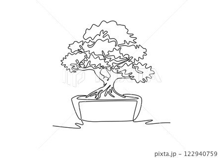 Single one line drawing beautiful and exotic Japanese bonsai tree. Decorative little banyan tree on tree concept for greeting post card. Modern continuous line draw design graphic vector illustration Single one line drawing beautiful and exotic Japanese bonsai tree. Decorative little banyan tree on tree concept for greeting post card. Modern continuous line draw design graphic vector illustration 122940759