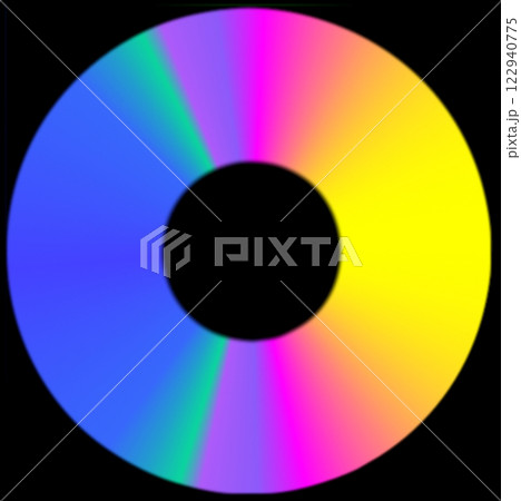 Compact disc. Multi-colored reflections and glare on a circular information carrier. 122940775