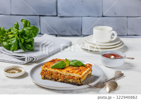 Moussaka, greek beef and eggplant dish, top view 122940862