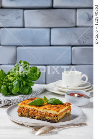 Moussaka, greek beef and eggplant dish, top view 122940863