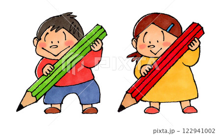 鉛筆を持つ男の子と女の子 122941002