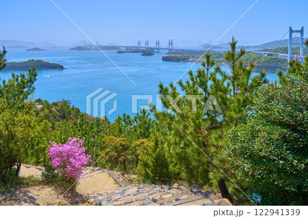 ツツジ咲く岡山県倉敷市の鷲羽山の第一展望台付近からの眺望(下津井瀬戸大橋,櫃石島橋など) 122941339