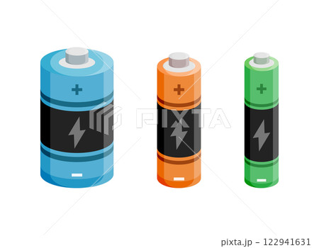 Alkaline battery set icon in flat style. Different size accumulator vector illustration on isolated background. Accumulator recharge sign business concept. 122941631