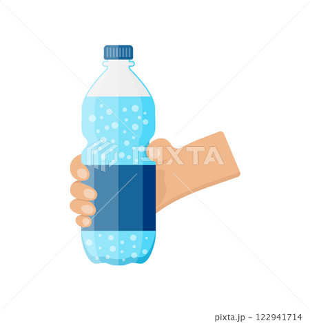 Hand holding soda drink icon in flat style. Plastic bottle vector illustration on isolated background. Water beverage sign business concept. 122941714