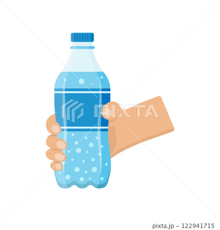 Hand holding soda drink icon in flat style. Plastic bottle vector illustration on isolated background. Water beverage sign business concept. Hand holding soda drink icon in flat style. Plastic bottle vector illustration on isolated background. Water beverage sign business concept. 122941715