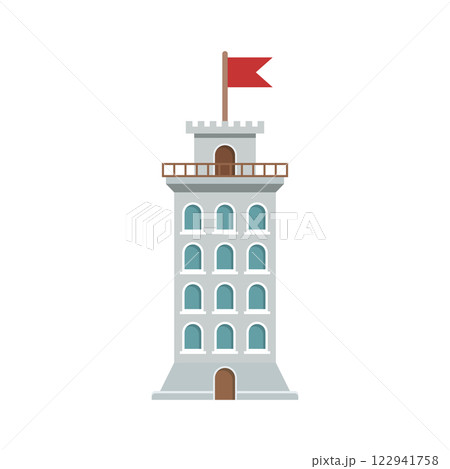 Castle tower icon in flat style. Medieval citadel vector illustration on isolated background. Stronghold building sign business concept. 122941758