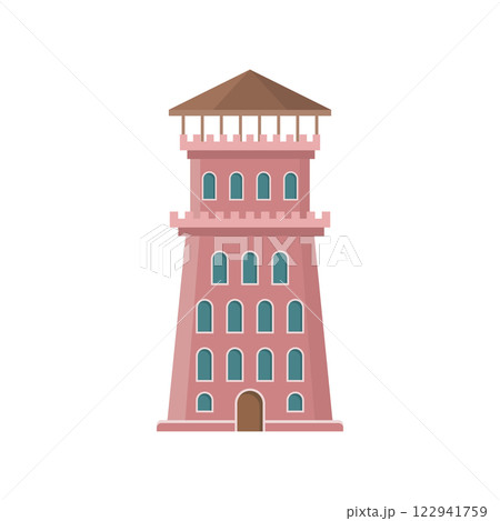 Castle tower icon in flat style. Medieval citadel vector illustration on isolated background. Stronghold building sign business concept. 122941759