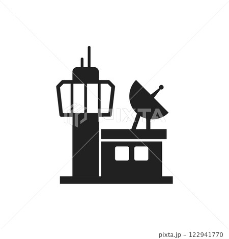 Flight control tower icon in flat style. Navigation monitor vector illustration on isolated background. Airport building sign business concept. 122941770