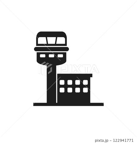 Flight control tower icon in flat style. Navigation monitor vector illustration on isolated background. Airport building sign business concept. 122941771
