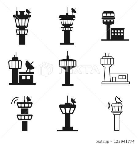 Flight control tower icon set in flat style. Navigation monitor vector illustration on isolated background. Airport building sign business concept. 122941774