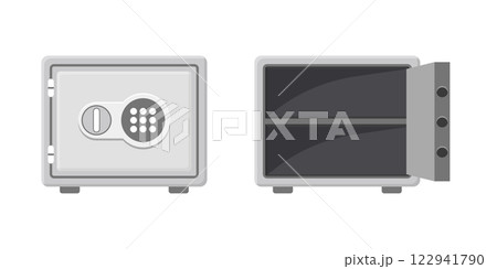 Metal bank safe icon in flat style. Money vault vector illustration on isolated background. Storage sign business concept. 122941790