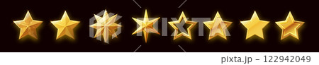 Five stars gold icon. Stars rating review icon.Vector stars set of realistic metallic golden stars isolated on black background. Symbol wye of leadership. Vector illustration 122942049
