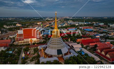 Aerial view of  The moon is situated on top of the golden umbrella of the pagoda. 122942128
