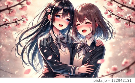 卒業式で涙を流す女子生徒たち 卒業式で涙を流す女子生徒たち 122942151