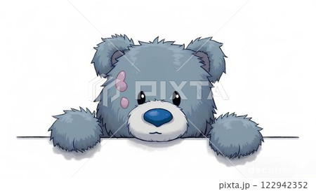 Sketch, illustration of a cute gray-blue teddy bear in cartoon style peeking out from behind the edge of a surface on a white background with space for text. 122942352