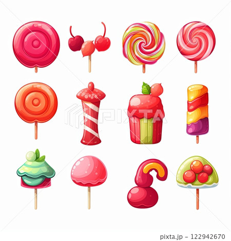 Assorted Colorful Lollipops in Various Shapes Displayed on a White Background for Sweet Treat Lovers 122942670