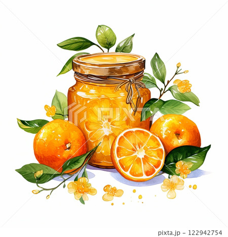 Rustic Jar of Homemade Orange Jam Surrounded by Fresh Flowers and Citrus Fruits 122942754