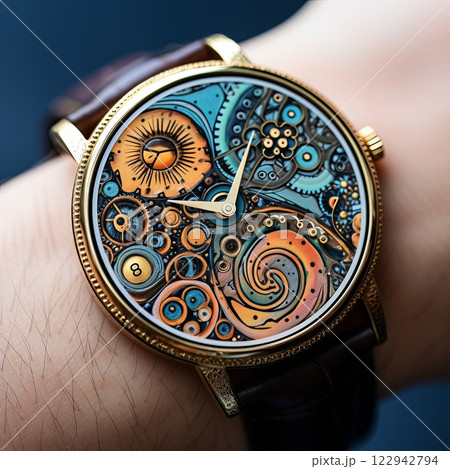 Exquisite Artistic Luxury Wristwatch Featuring Intricate Gears and Ornate Mechanism in Gold Case 122942794