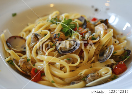 Pasta with seafood on a plate. Generative AI 122942815