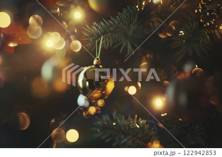 Christmas tree with toys on the background. Generative AI 122942853
