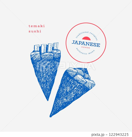 Temaki Japanese Cuisine Illustration. Sushi Hand Drawn Vector Illustrations. Retro Asian Food Isolated Image. 122943225