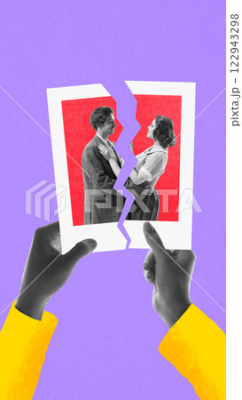 Hands holding torn black and white photo of smiling couple against purple background. Broken relationships in digital age 122943298