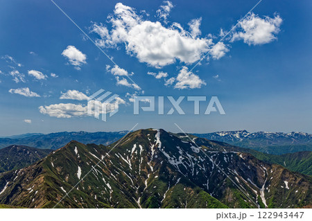 谷川連峰・万太郎山から見る残雪の仙ノ倉山と苗場山 122943447