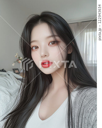 長い黒髪の可愛いアジア人女性モデルの自撮りショット。若いインフルエンサーのイメージ。 122943634