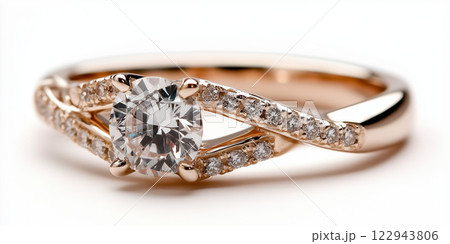Elegant engagement ring with round diamond and rose gold band 122943806
