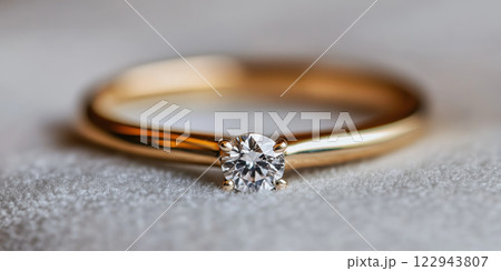 Elegant gold engagement ring with sparkling diamond centerpiece 122943807