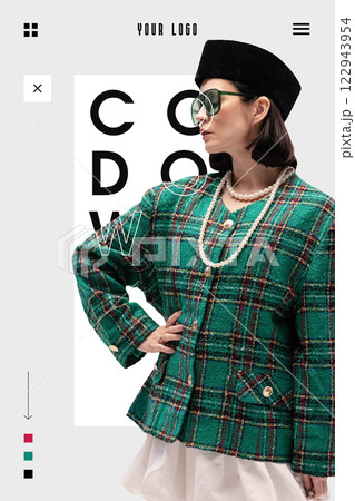 Fashion web shop interface. Woman in green plaid jacket, pearl necklace, against structured layout with bold typography, interactive filters 122943954