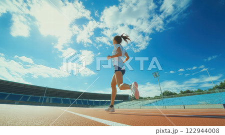 陸上競技場のトラックでランニングする女性 122944008