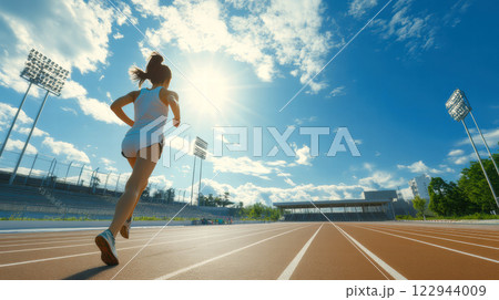 陸上競技場のトラックでランニングする女性 122944009