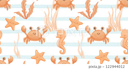 Seamless pattern with orange starfish, seahorse and seaweed, underwater world design, watercolor repeating striped background for nursery 122944012