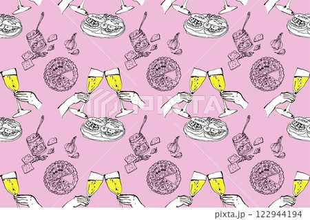 イタリア料理と乾杯のパターン柄 122944194