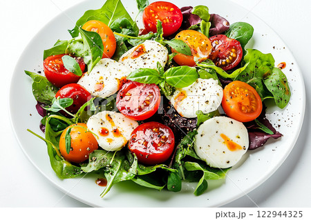 Colorful Salad with Mozzarella, Tomatoes, Lettuce, and Basil on White Plate 122944325