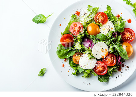 Top View of Delicious Salad with Mozzarella, Tomatoes, Lettuce, and Vegetables 122944326