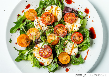 Top View of Fresh Salad with Mozzarella, Tomatoes, Lettuce, and Basil 122944327