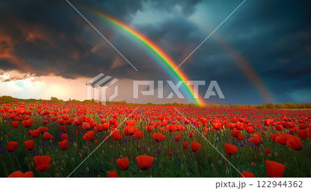 Rainbow Over Poppy Field with Storm Clouds and Dramatic Lighting Rainbow Over Poppy Field with Storm Clouds and Dramatic Lighting 122944362