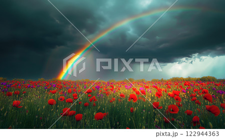 Rainbow Over Field of Poppies Under Stormy Clouds - A Photo-Realistic Landscape 122944363