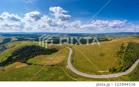 Top view of cultivated agricultural field and highway. Rural landscape in summer 122944516