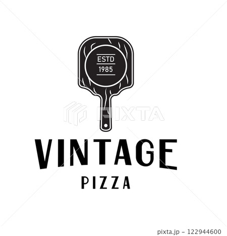 Vintage design logo with the main element being a wooden pizza board that has a natural texture. This logo is perfect for a pizzeria or restaurant. Vintage design logo with the main element being a wooden pizza board that has a natural texture. This logo is perfect for a pizzeria or restaurant. 122944600