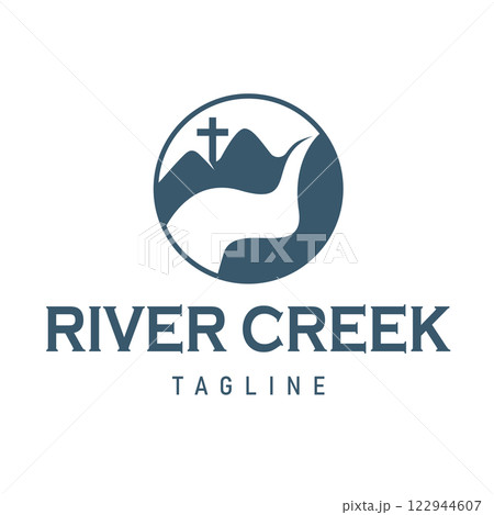 Religious Symbol circle logo design of Cross, flowing River, and mountains, suitable for Religious Community or Religious Organization Logo. 122944607